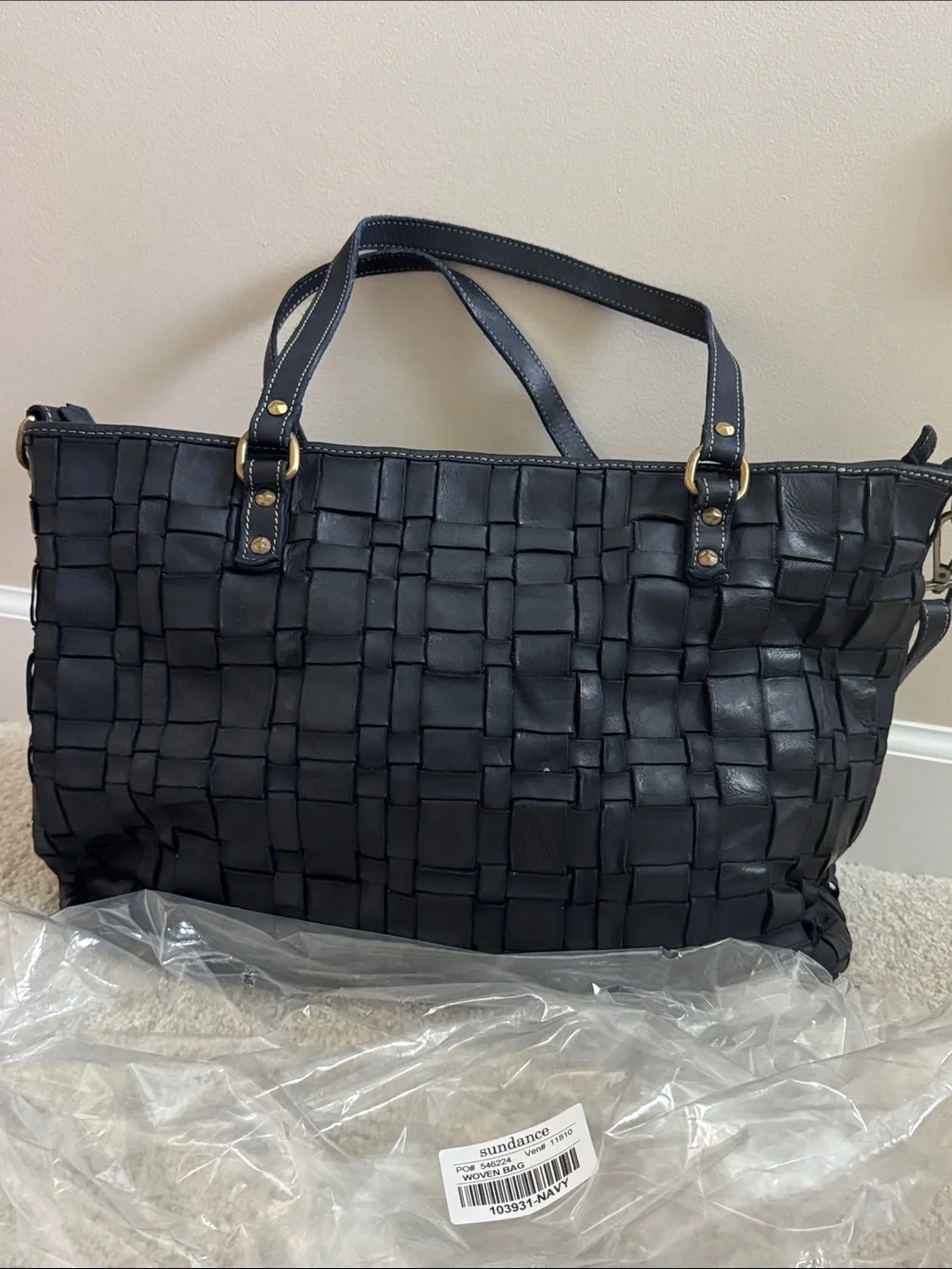 Sundance navy woven leather satchel with removable shoulder strap. NWT